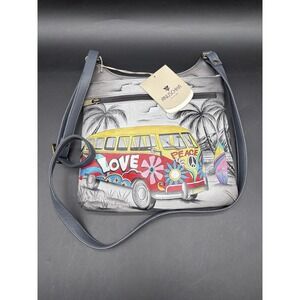 Anna Anuschka Leather Bag Hand Painted Happy Camper Peace Van Purse NWT